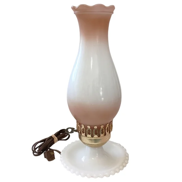 Milk Glass Hurricane Lamp Boudoir Bedside Table Light Floral Hobnail Edge Vtg. - Picture 7 of 16